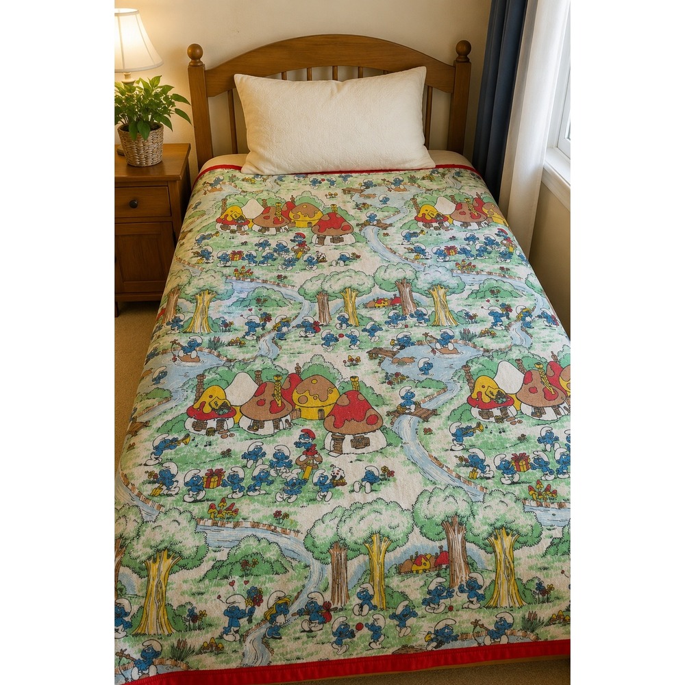 Vintage 1980s Smurfs Twin Blanket Esmond Canada Satin Trim Papa Smurf Smurfette